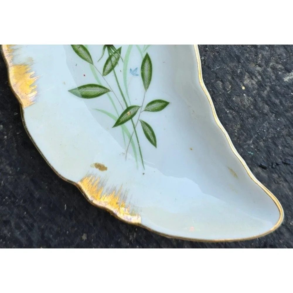 Vintage Crescent Bone Dish Pink Rose Gold Gilt Scalloped Edge Mid-Century Japan